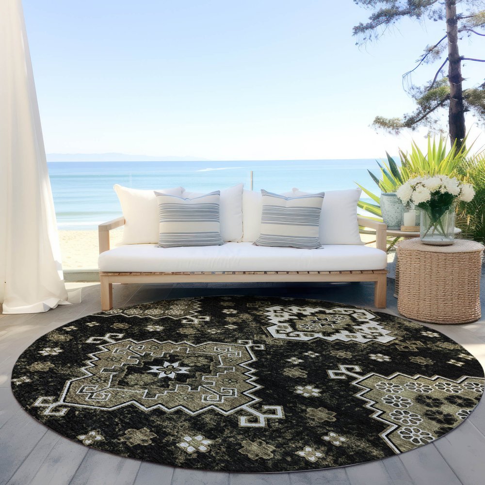 3' X 5' Black Ivory And Taupe Medallion Washable Indoor Outdoor Area Rug