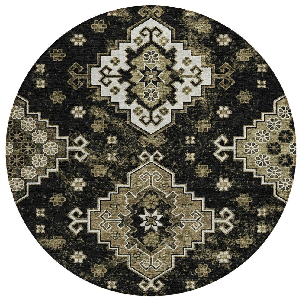 3' X 5' Black Ivory And Taupe Medallion Washable Indoor Outdoor Area Rug