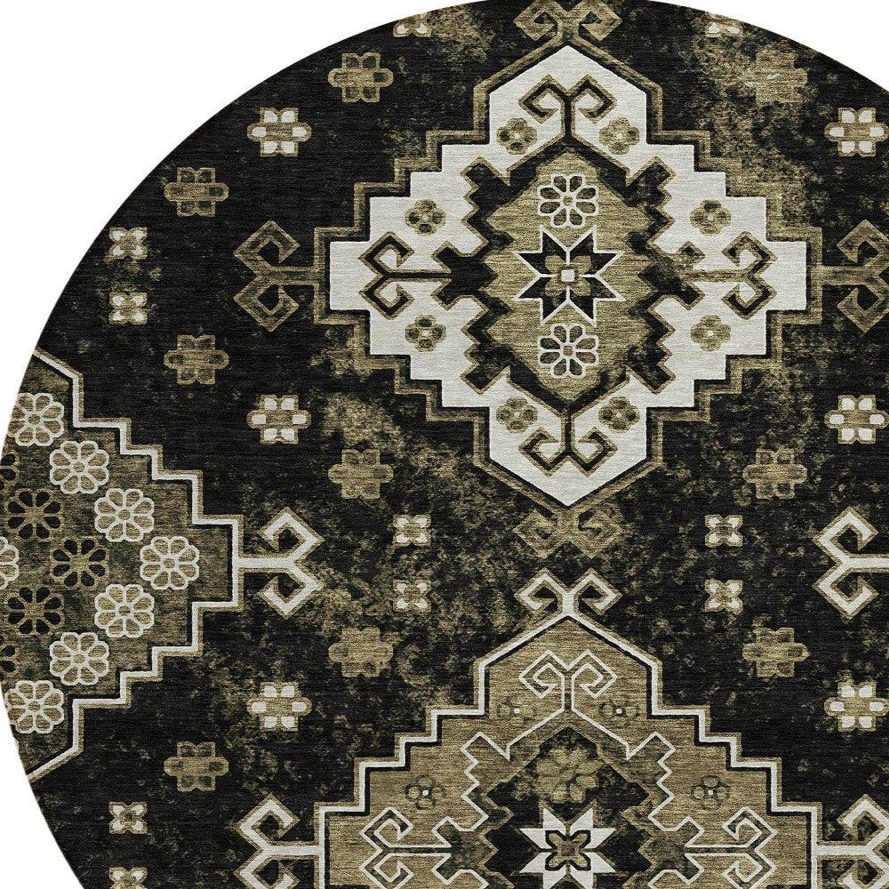 3' X 5' Black Ivory And Taupe Medallion Washable Indoor Outdoor Area Rug