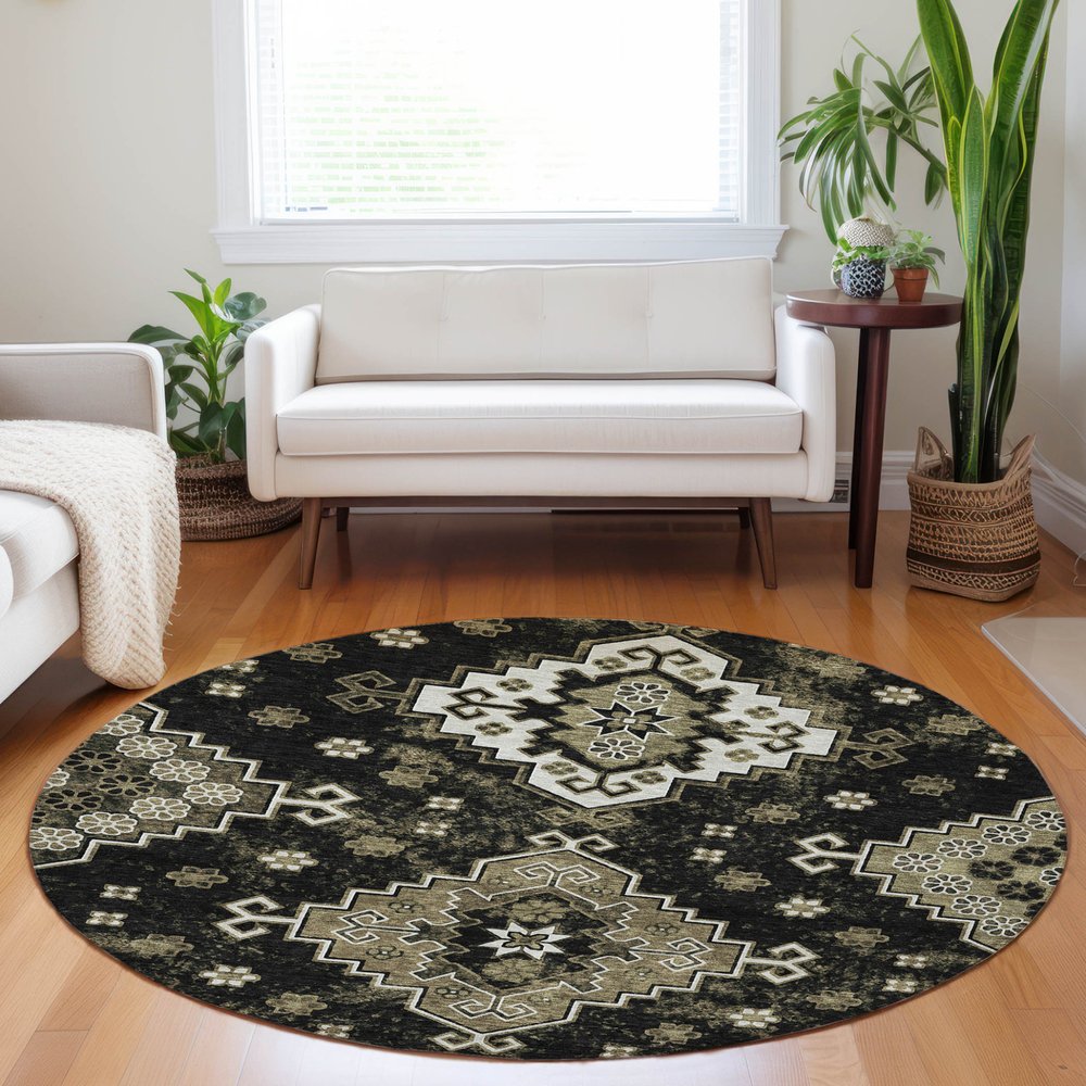 3' X 5' Black Ivory And Taupe Medallion Washable Indoor Outdoor Area Rug