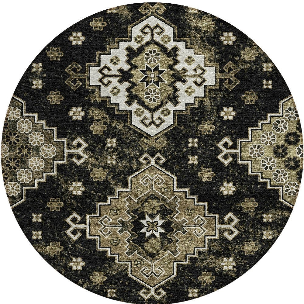 3' X 5' Black Ivory And Taupe Medallion Washable Indoor Outdoor Area Rug