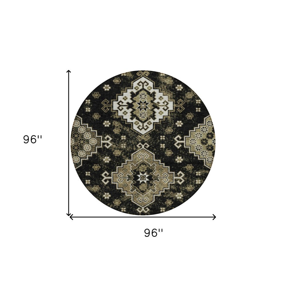3' X 5' Black Ivory And Taupe Medallion Washable Indoor Outdoor Area Rug