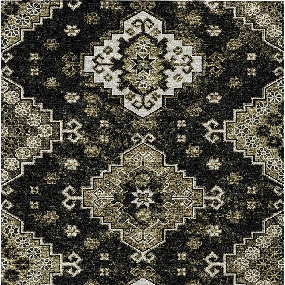 3' X 5' Black Ivory And Taupe Medallion Washable Indoor Outdoor Area Rug