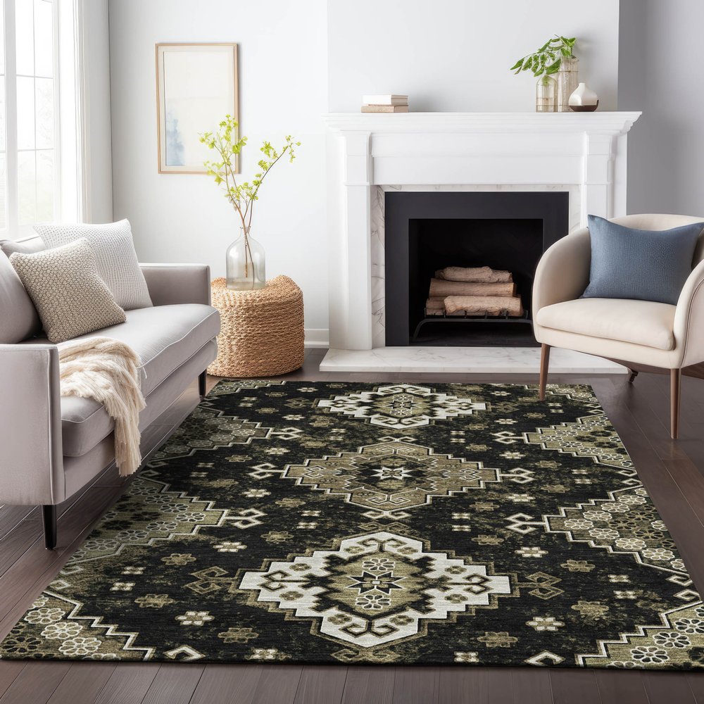 3' X 5' Black Ivory And Taupe Medallion Washable Indoor Outdoor Area Rug
