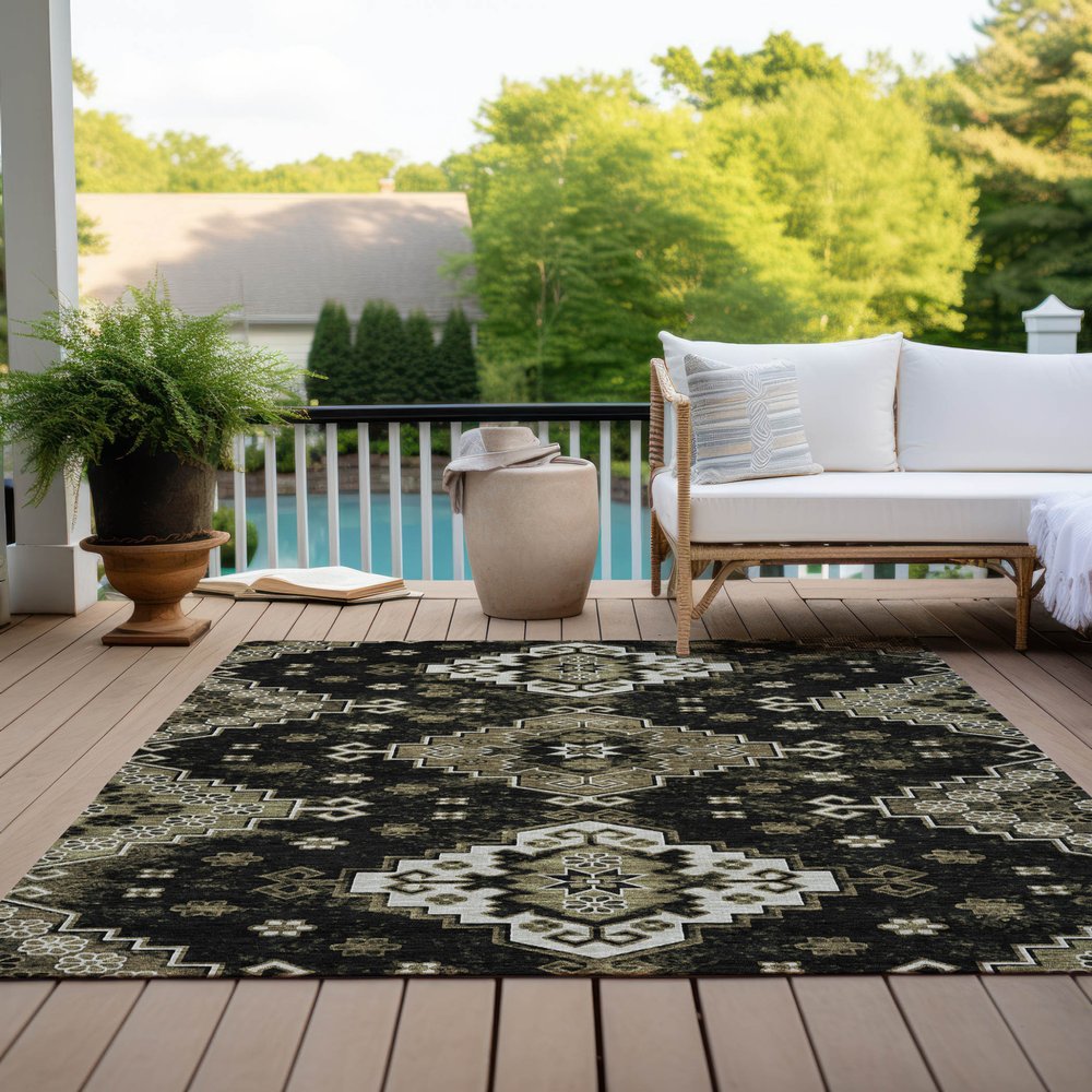 3' X 5' Black Ivory And Taupe Medallion Washable Indoor Outdoor Area Rug