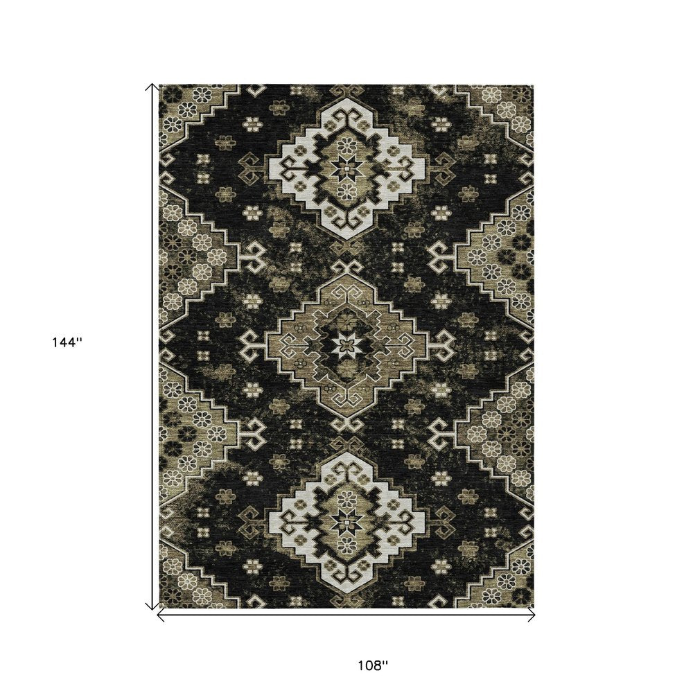 3' X 5' Black Ivory And Taupe Medallion Washable Indoor Outdoor Area Rug