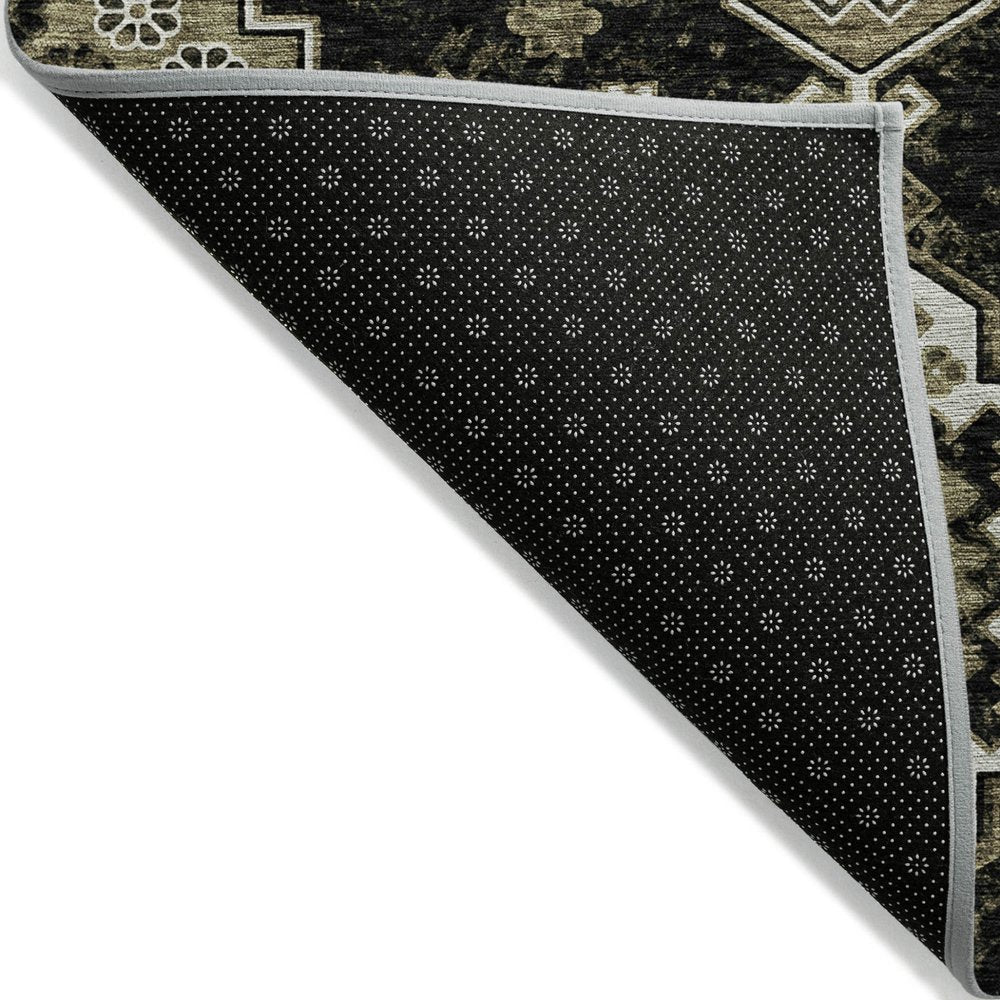 3' X 5' Black Ivory And Taupe Medallion Washable Indoor Outdoor Area Rug