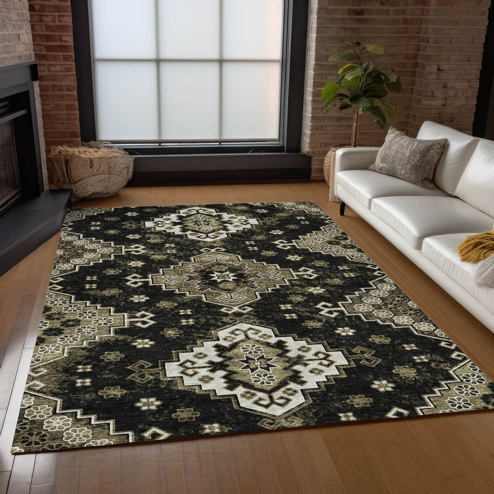 3' X 5' Black Ivory And Taupe Medallion Washable Indoor Outdoor Area Rug