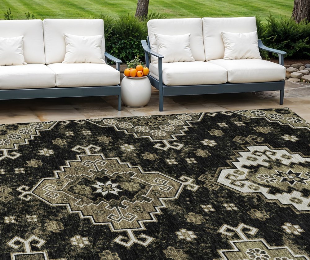 3' X 5' Black Ivory And Taupe Medallion Washable Indoor Outdoor Area Rug