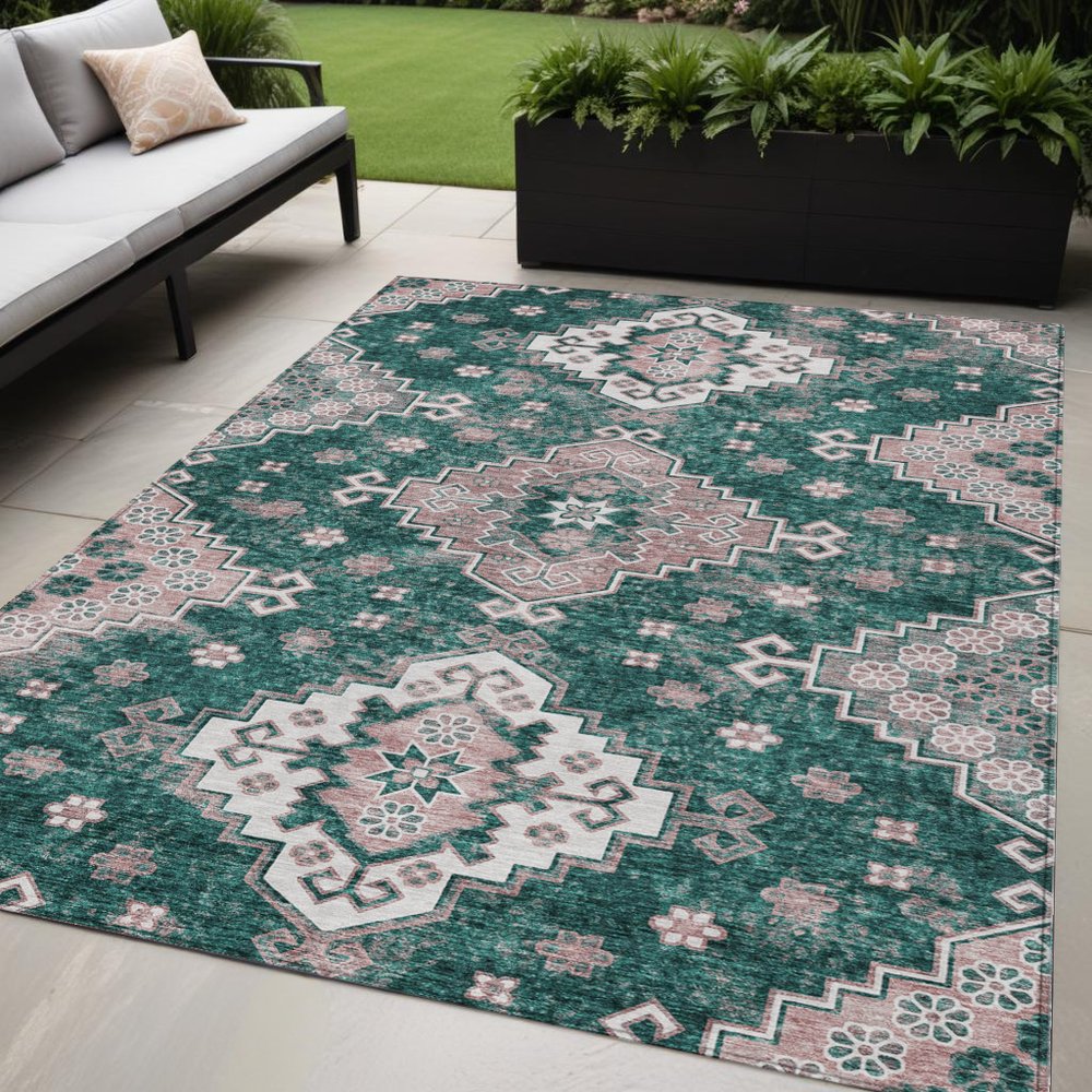 3' X 5' Emerald Brown And Ivory Medallion Washable Indoor Outdoor Area Rug