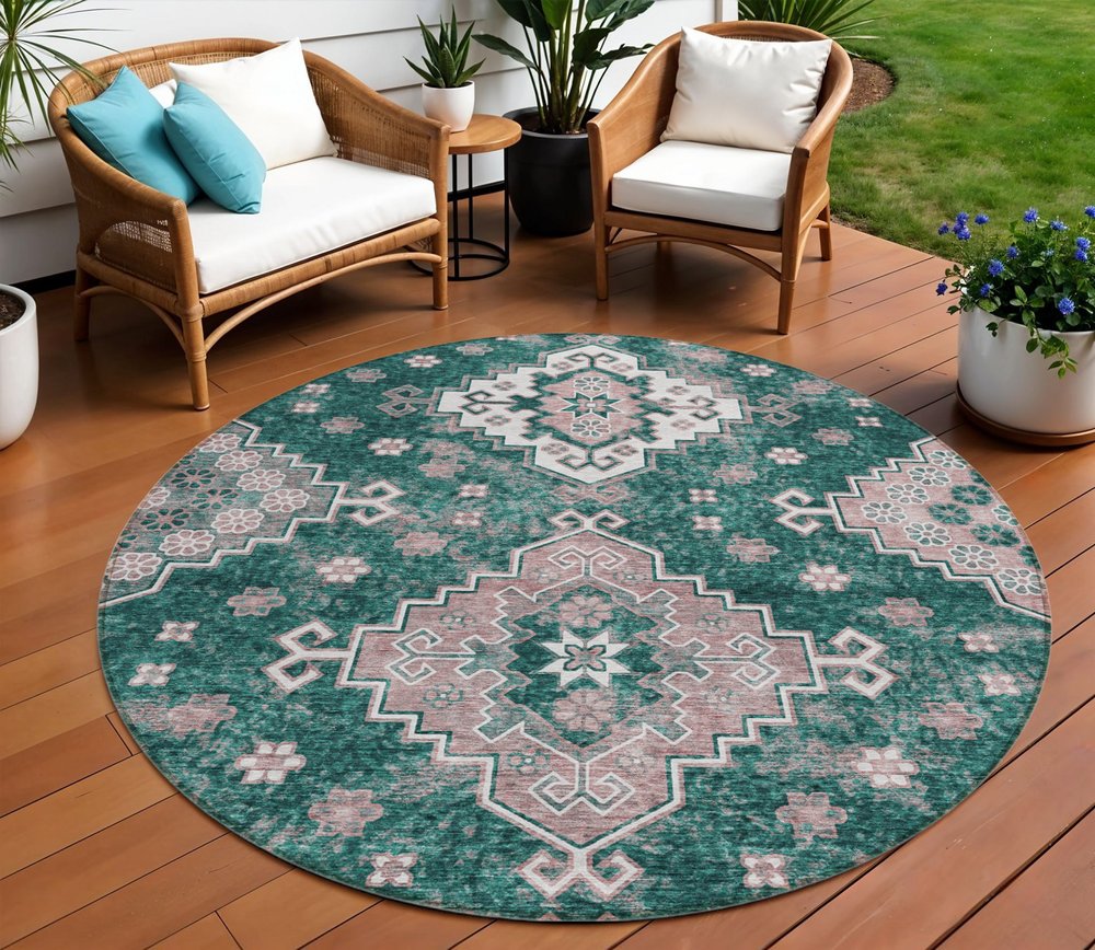3' X 5' Emerald Brown And Ivory Medallion Washable Indoor Outdoor Area Rug