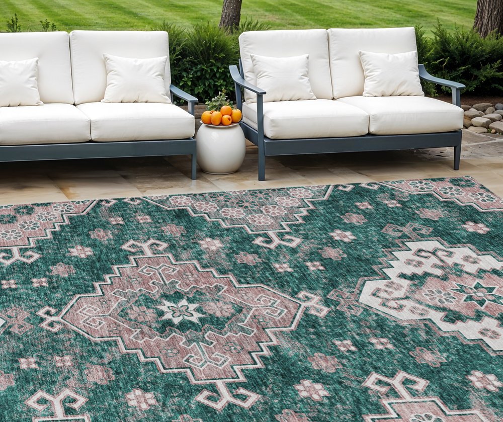 3' X 5' Emerald Brown And Ivory Medallion Washable Indoor Outdoor Area Rug