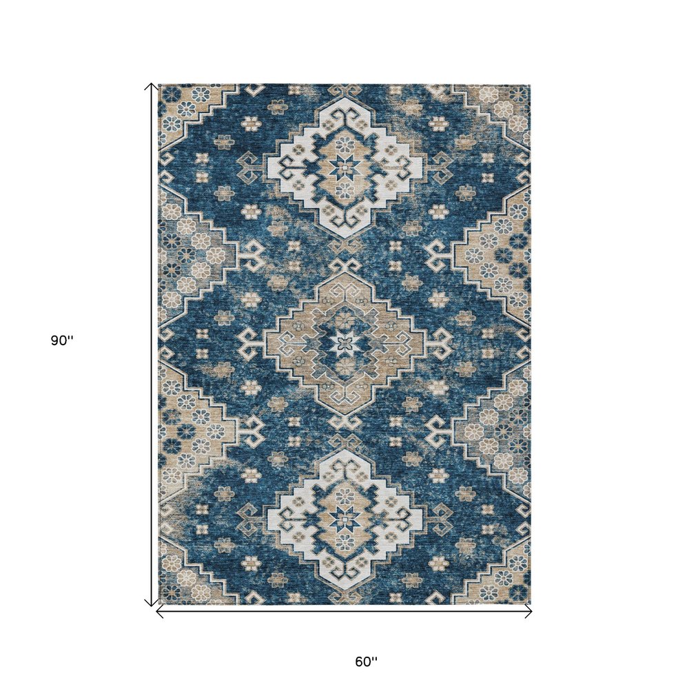 3' X 5' Navy Blue Beige And Ivory Medallion Washable Indoor Outdoor Area Rug
