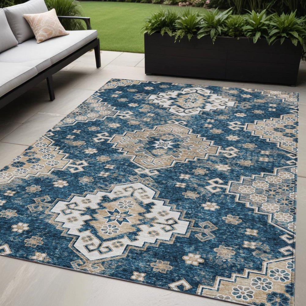 3' X 5' Navy Blue Beige And Ivory Medallion Washable Indoor Outdoor Area Rug