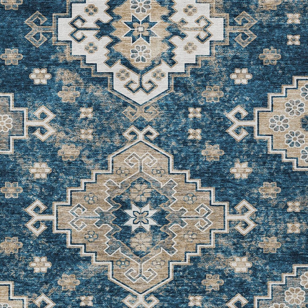 3' X 5' Navy Blue Beige And Ivory Medallion Washable Indoor Outdoor Area Rug