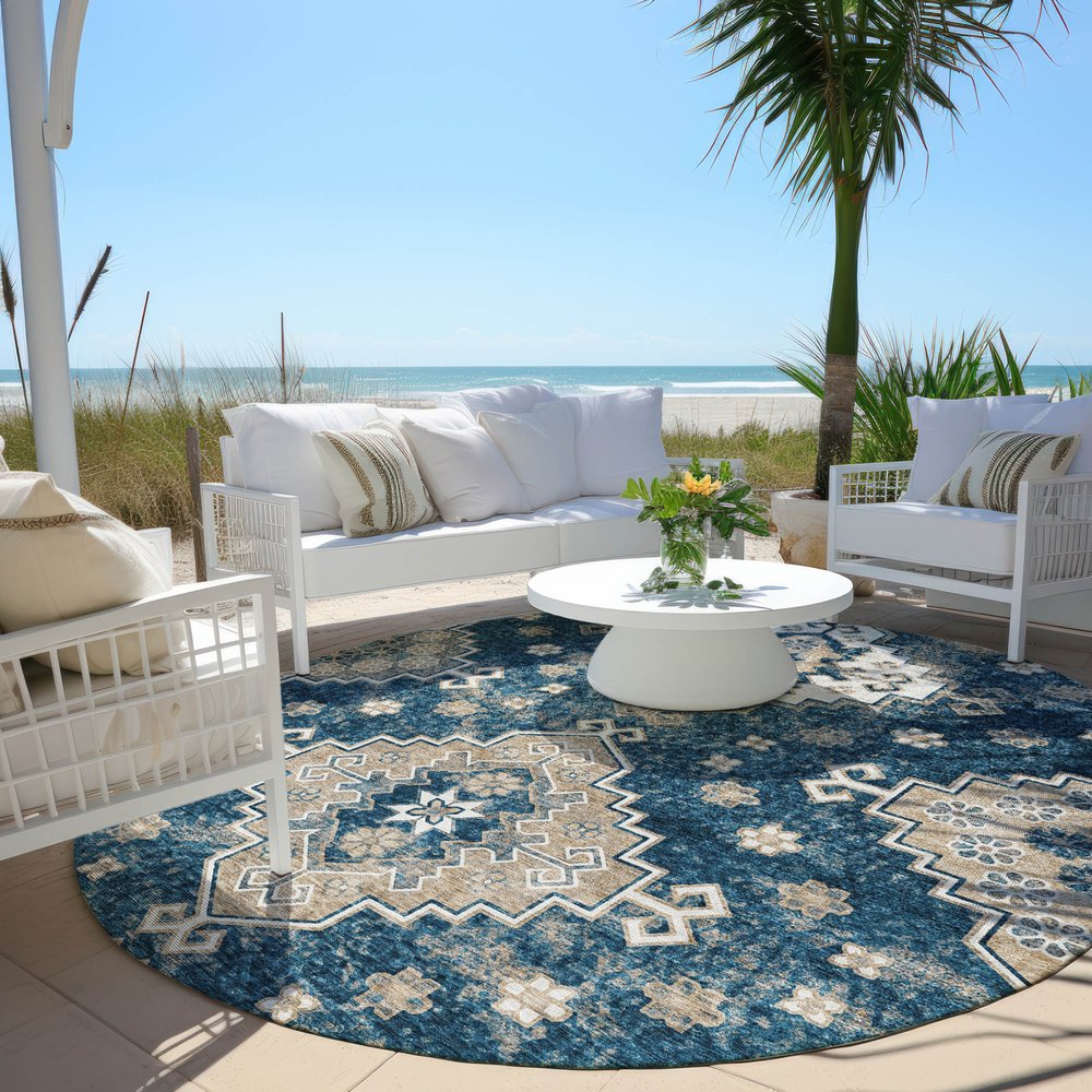 3' X 5' Navy Blue Beige And Ivory Medallion Washable Indoor Outdoor Area Rug