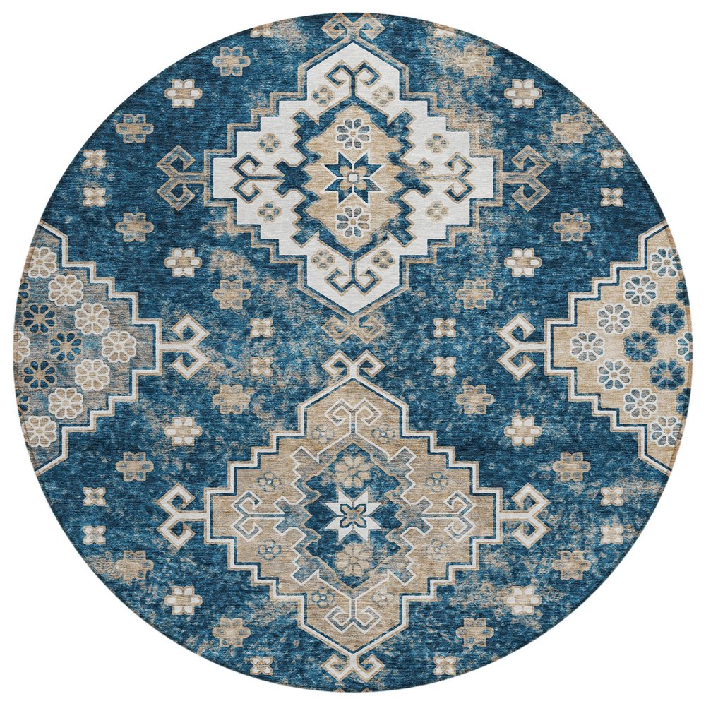 3' X 5' Navy Blue Beige And Ivory Medallion Washable Indoor Outdoor Area Rug