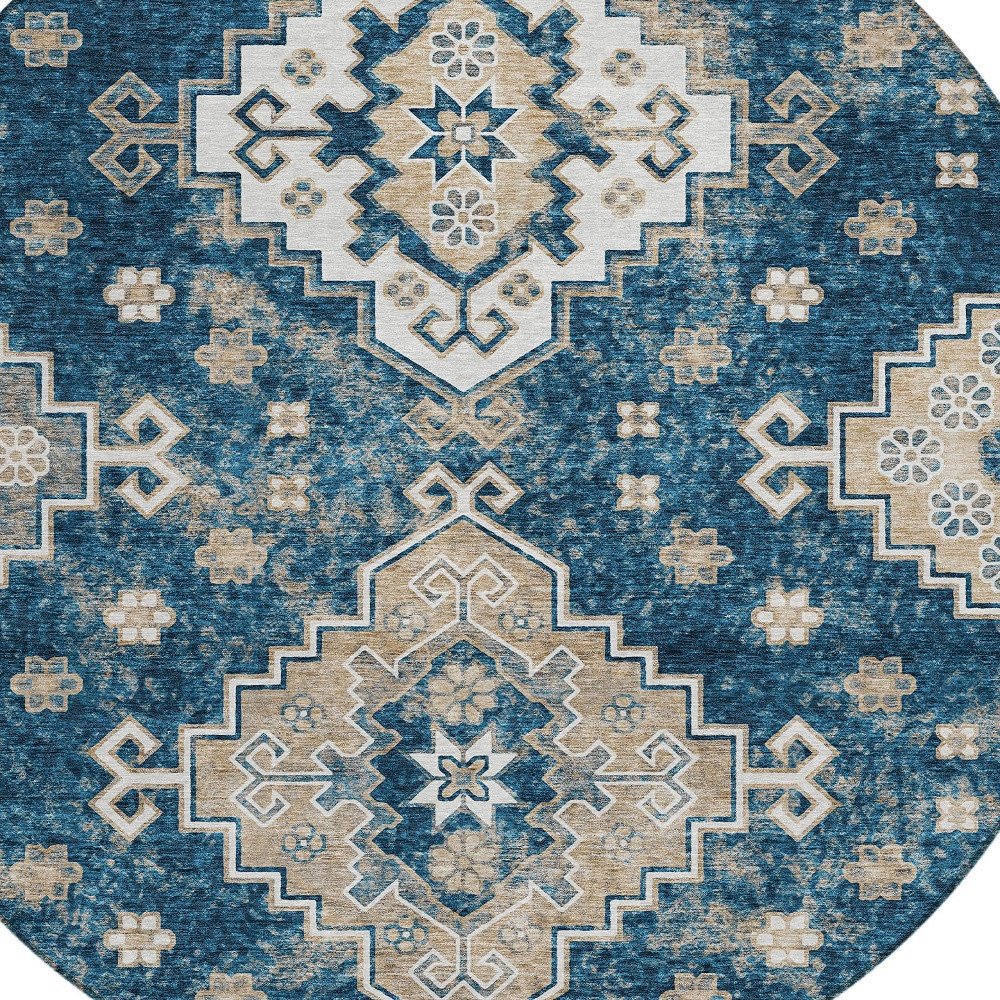 3' X 5' Navy Blue Beige And Ivory Medallion Washable Indoor Outdoor Area Rug