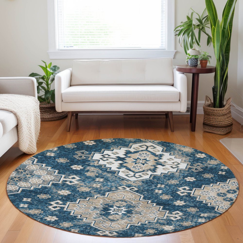 3' X 5' Navy Blue Beige And Ivory Medallion Washable Indoor Outdoor Area Rug