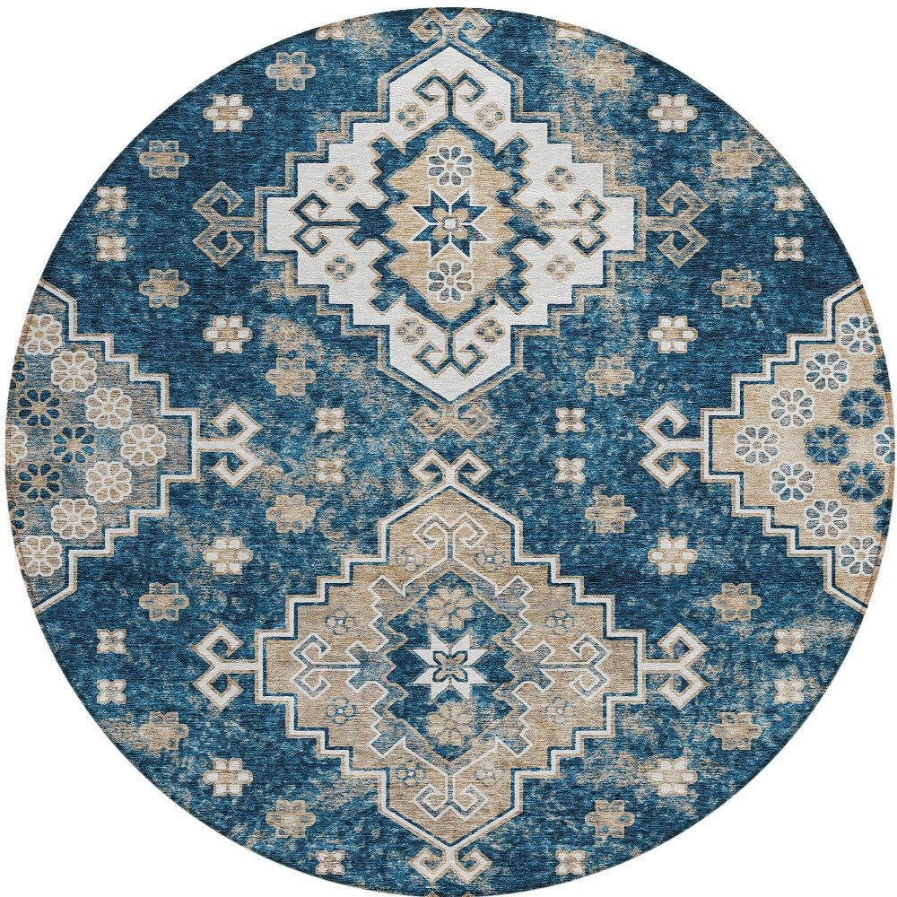 3' X 5' Navy Blue Beige And Ivory Medallion Washable Indoor Outdoor Area Rug