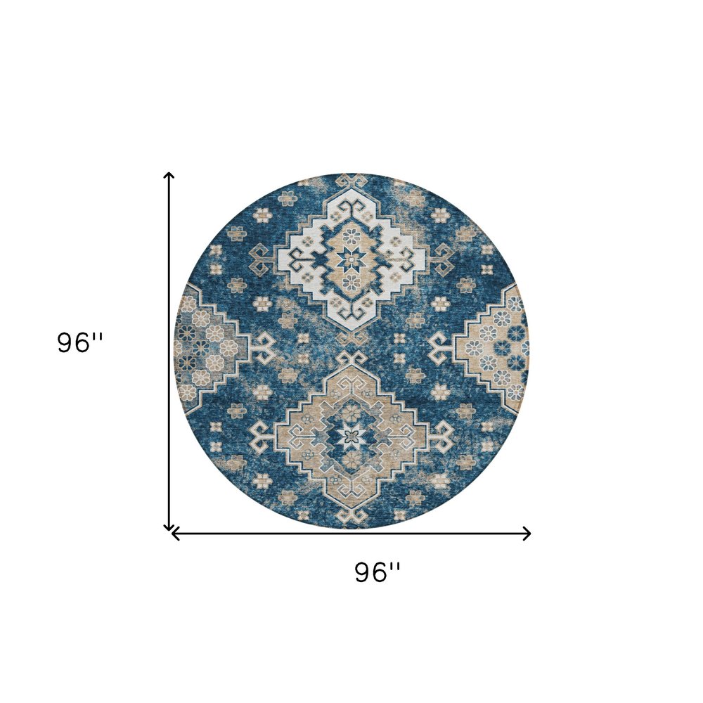 3' X 5' Navy Blue Beige And Ivory Medallion Washable Indoor Outdoor Area Rug