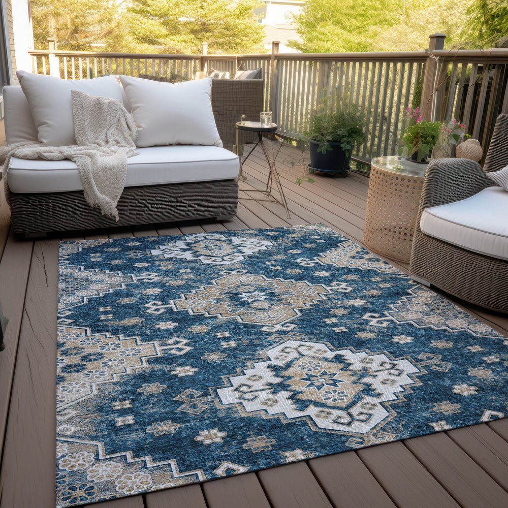 3' X 5' Navy Blue Beige And Ivory Medallion Washable Indoor Outdoor Area Rug