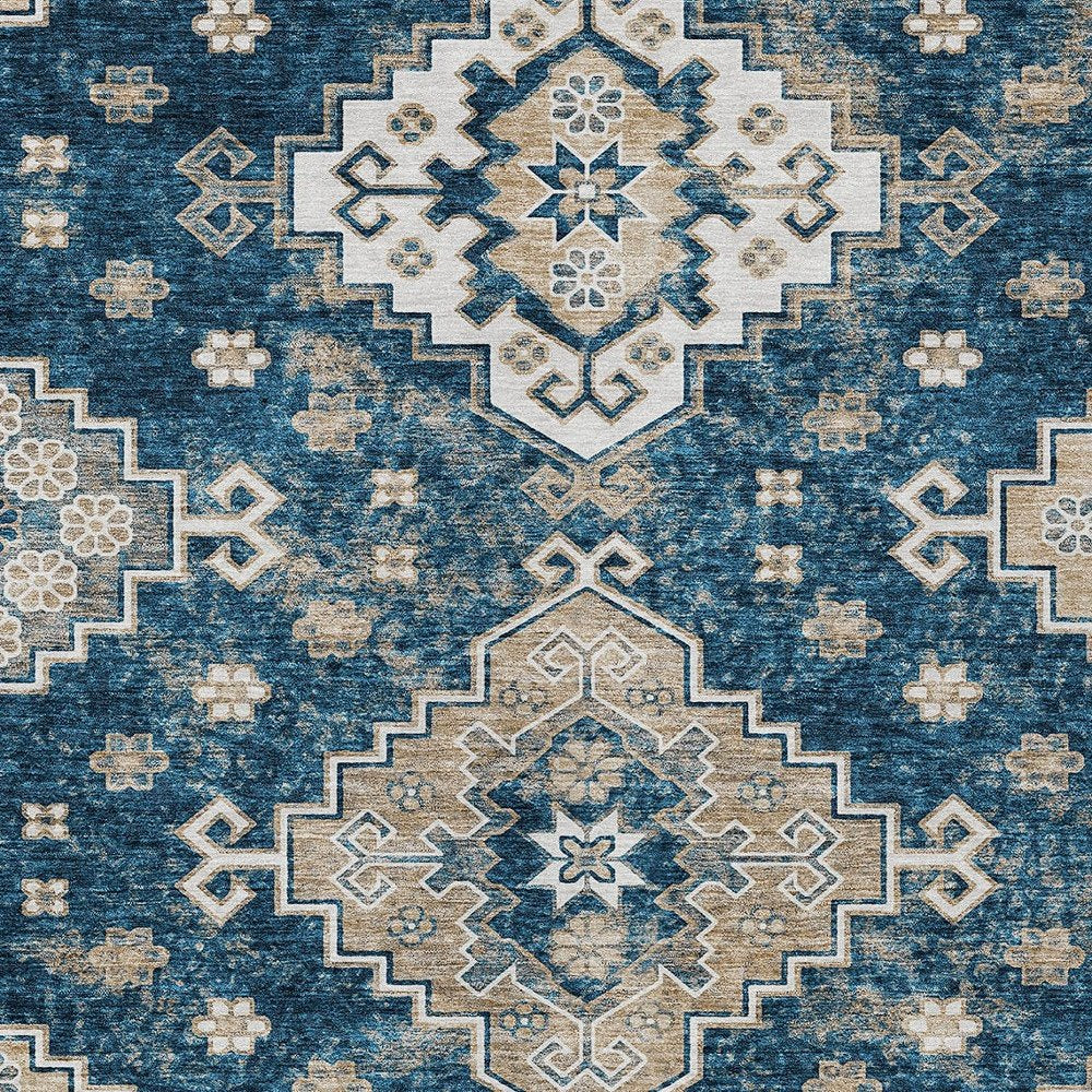 3' X 5' Navy Blue Beige And Ivory Medallion Washable Indoor Outdoor Area Rug