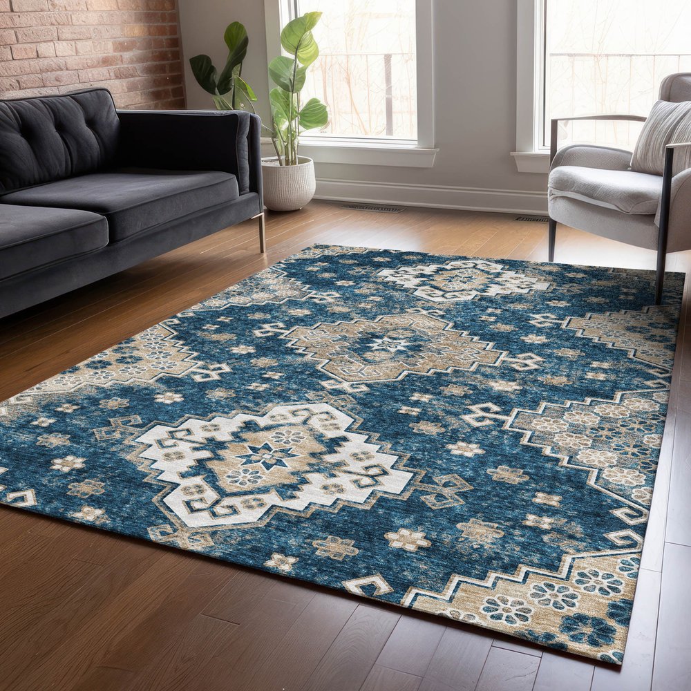 3' X 5' Navy Blue Beige And Ivory Medallion Washable Indoor Outdoor Area Rug