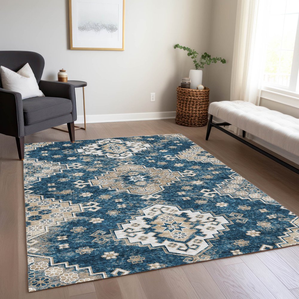 3' X 5' Navy Blue Beige And Ivory Medallion Washable Indoor Outdoor Area Rug