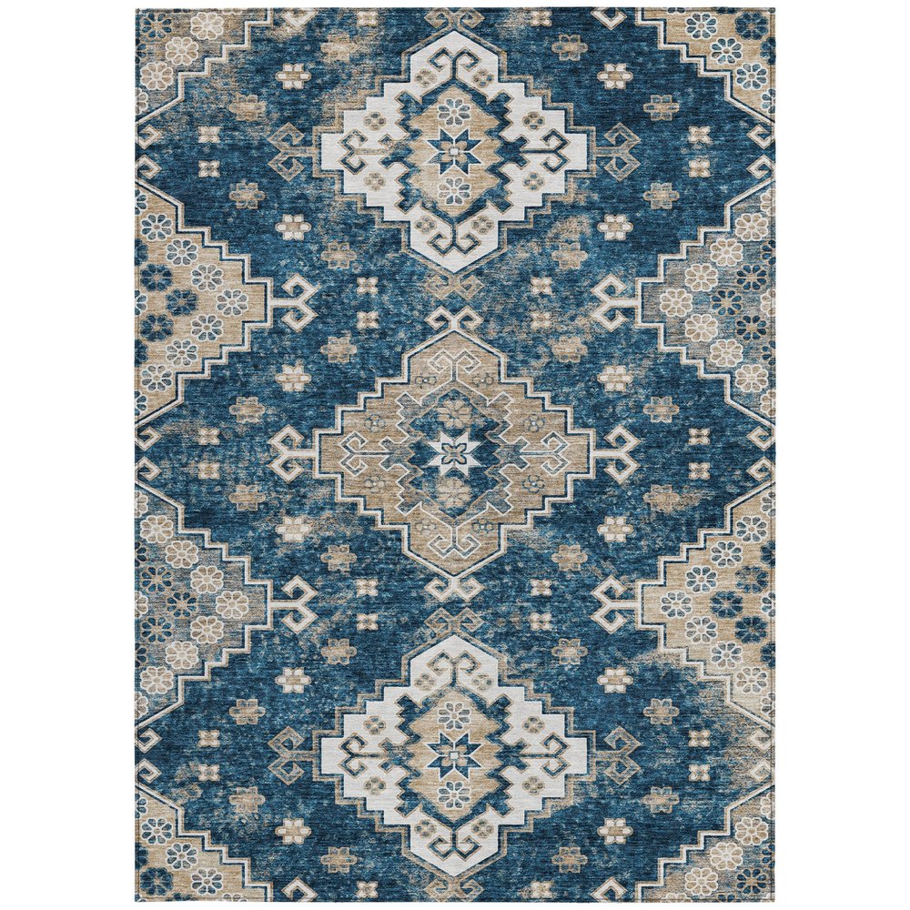 3' X 5' Navy Blue Beige And Ivory Medallion Washable Indoor Outdoor Area Rug