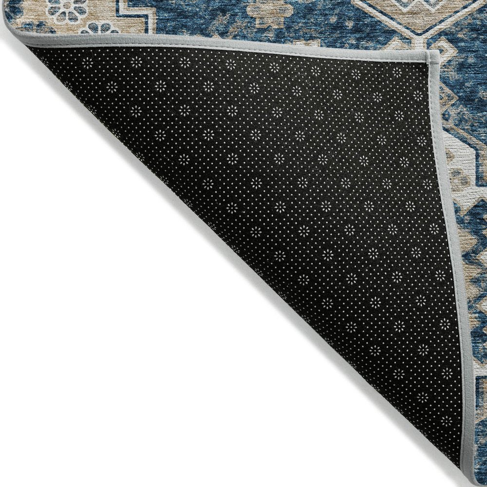 3' X 5' Navy Blue Beige And Ivory Medallion Washable Indoor Outdoor Area Rug
