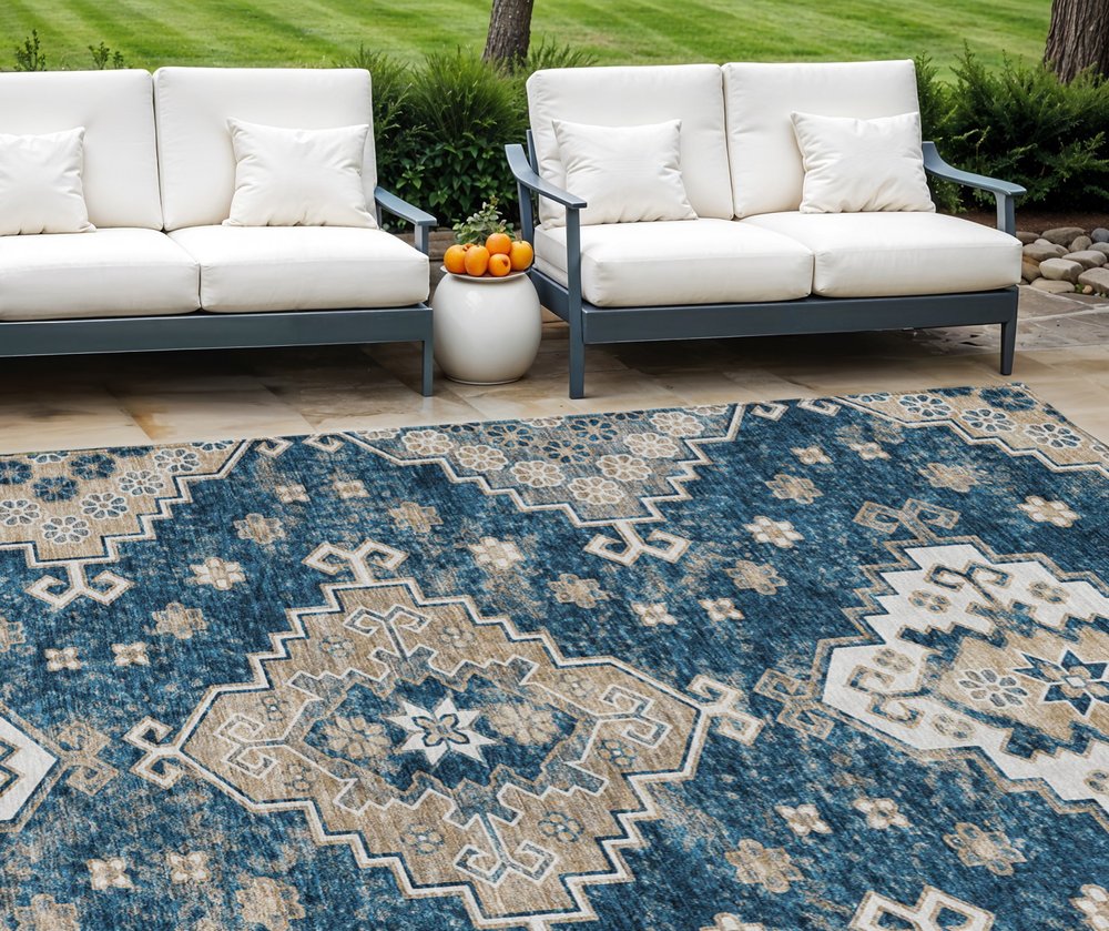 3' X 5' Navy Blue Beige And Ivory Medallion Washable Indoor Outdoor Area Rug