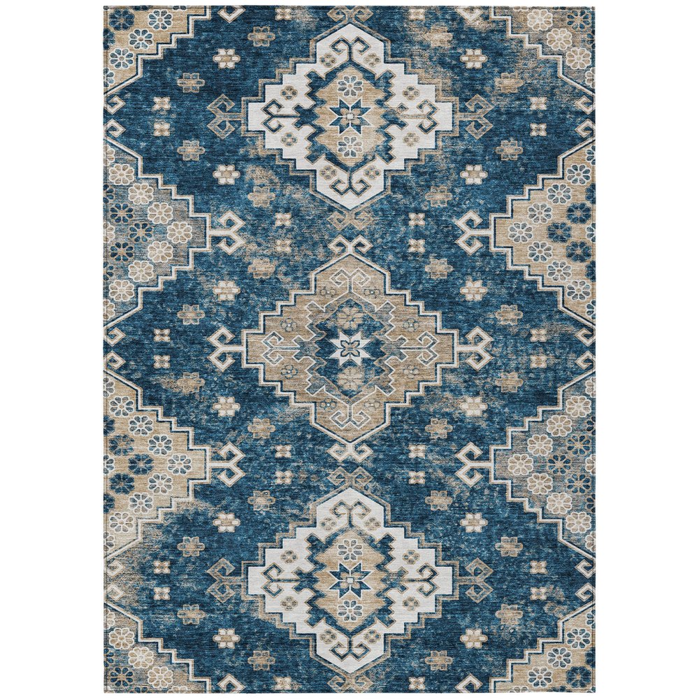 3' X 5' Navy Blue Beige And Ivory Medallion Washable Indoor Outdoor Area Rug