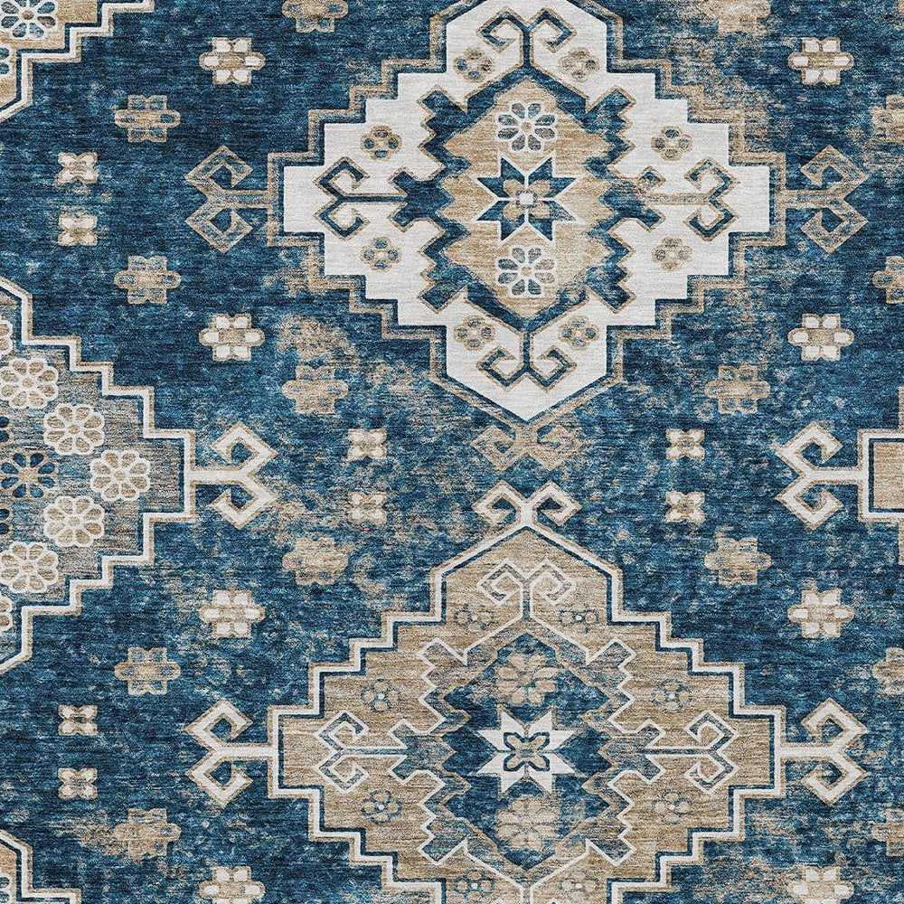 3' X 5' Navy Blue Beige And Ivory Medallion Washable Indoor Outdoor Area Rug