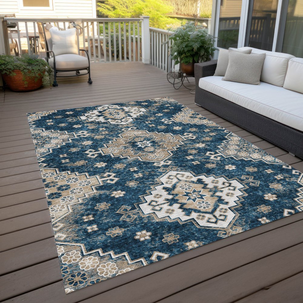 3' X 5' Navy Blue Beige And Ivory Medallion Washable Indoor Outdoor Area Rug