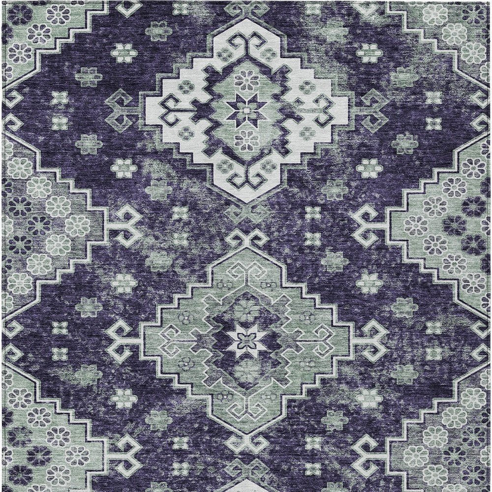 3' X 5' Purple Eggplant And Sage Medallion Washable Indoor Outdoor Area Rug