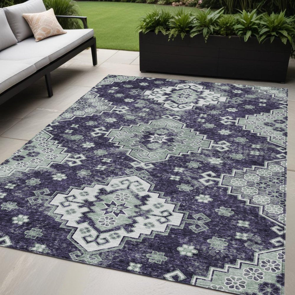 3' X 5' Purple Eggplant And Sage Medallion Washable Indoor Outdoor Area Rug