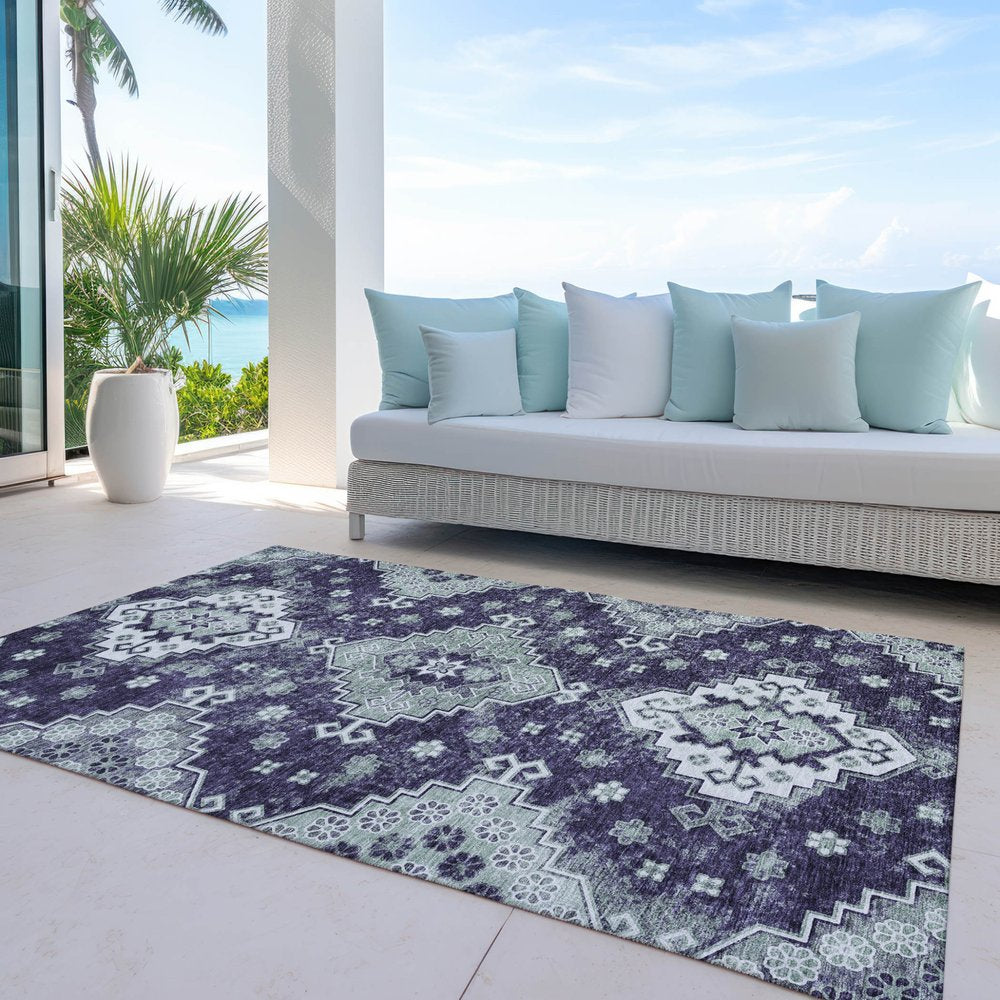 3' X 5' Purple Eggplant And Sage Medallion Washable Indoor Outdoor Area Rug