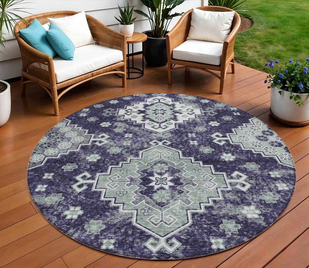 3' X 5' Purple Eggplant And Sage Medallion Washable Indoor Outdoor Area Rug