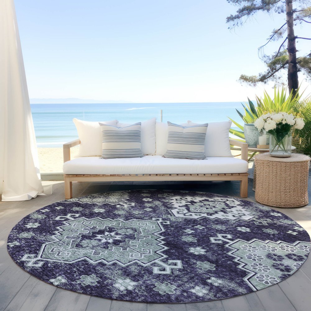 3' X 5' Purple Eggplant And Sage Medallion Washable Indoor Outdoor Area Rug