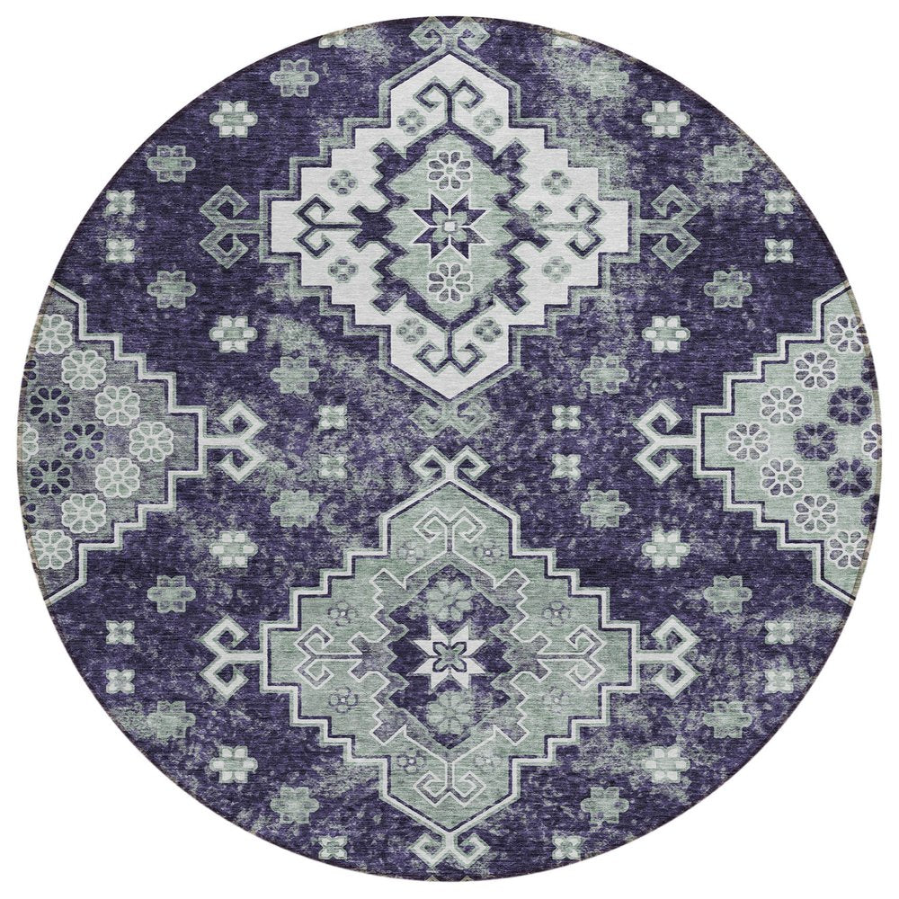 3' X 5' Purple Eggplant And Sage Medallion Washable Indoor Outdoor Area Rug