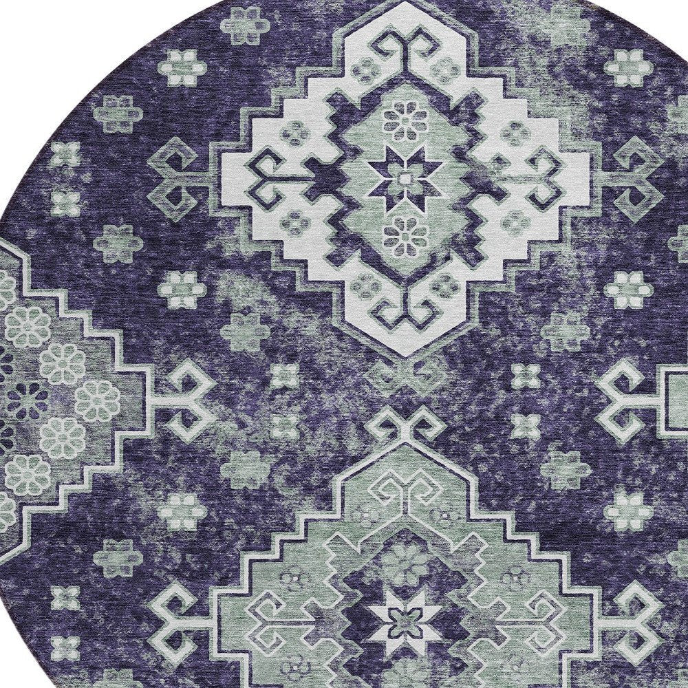 3' X 5' Purple Eggplant And Sage Medallion Washable Indoor Outdoor Area Rug