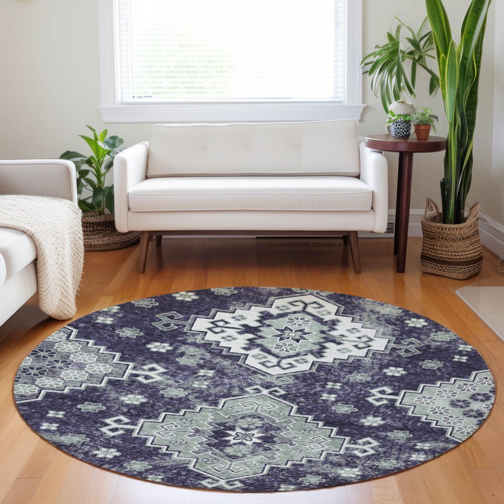 3' X 5' Purple Eggplant And Sage Medallion Washable Indoor Outdoor Area Rug
