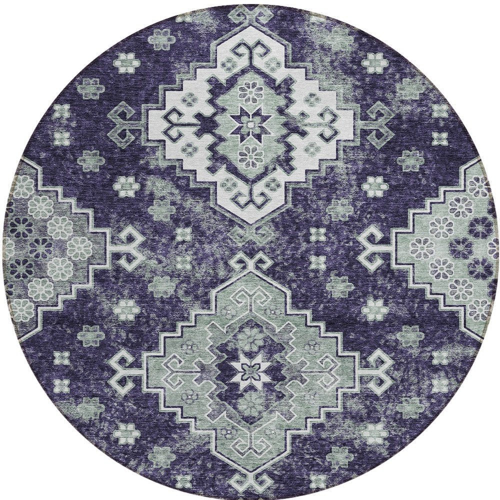 3' X 5' Purple Eggplant And Sage Medallion Washable Indoor Outdoor Area Rug