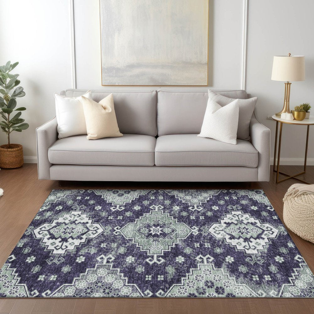 3' X 5' Purple Eggplant And Sage Medallion Washable Indoor Outdoor Area Rug