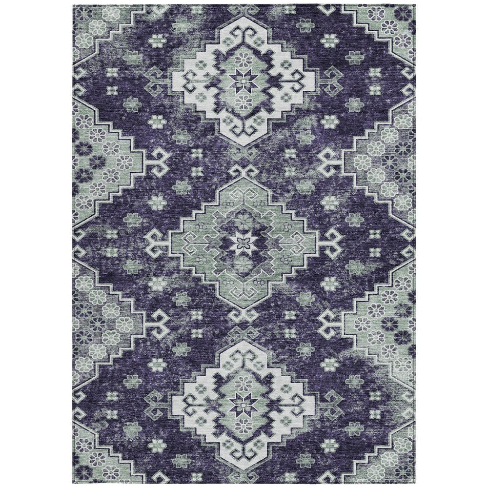 3' X 5' Purple Eggplant And Sage Medallion Washable Indoor Outdoor Area Rug