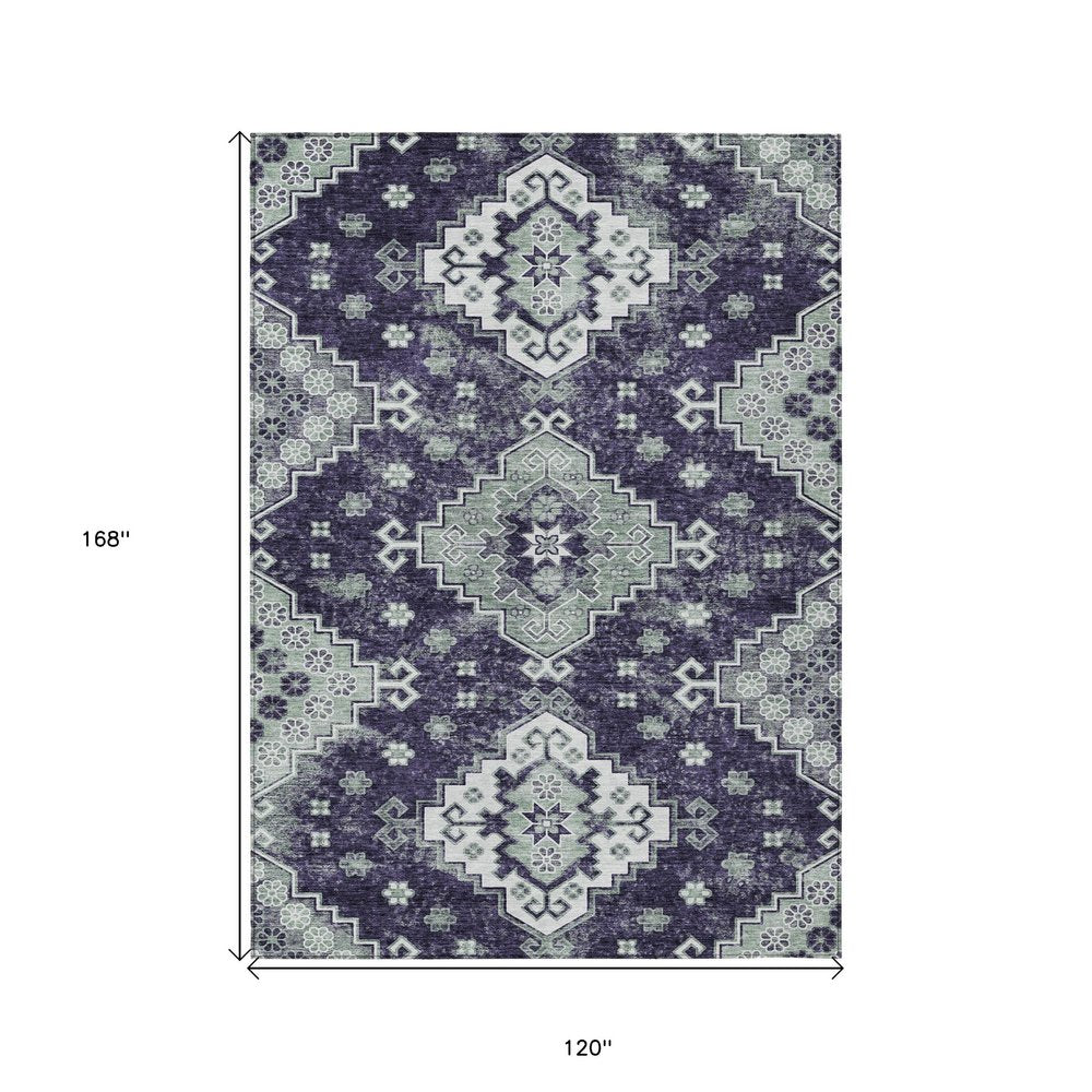 3' X 5' Purple Eggplant And Sage Medallion Washable Indoor Outdoor Area Rug