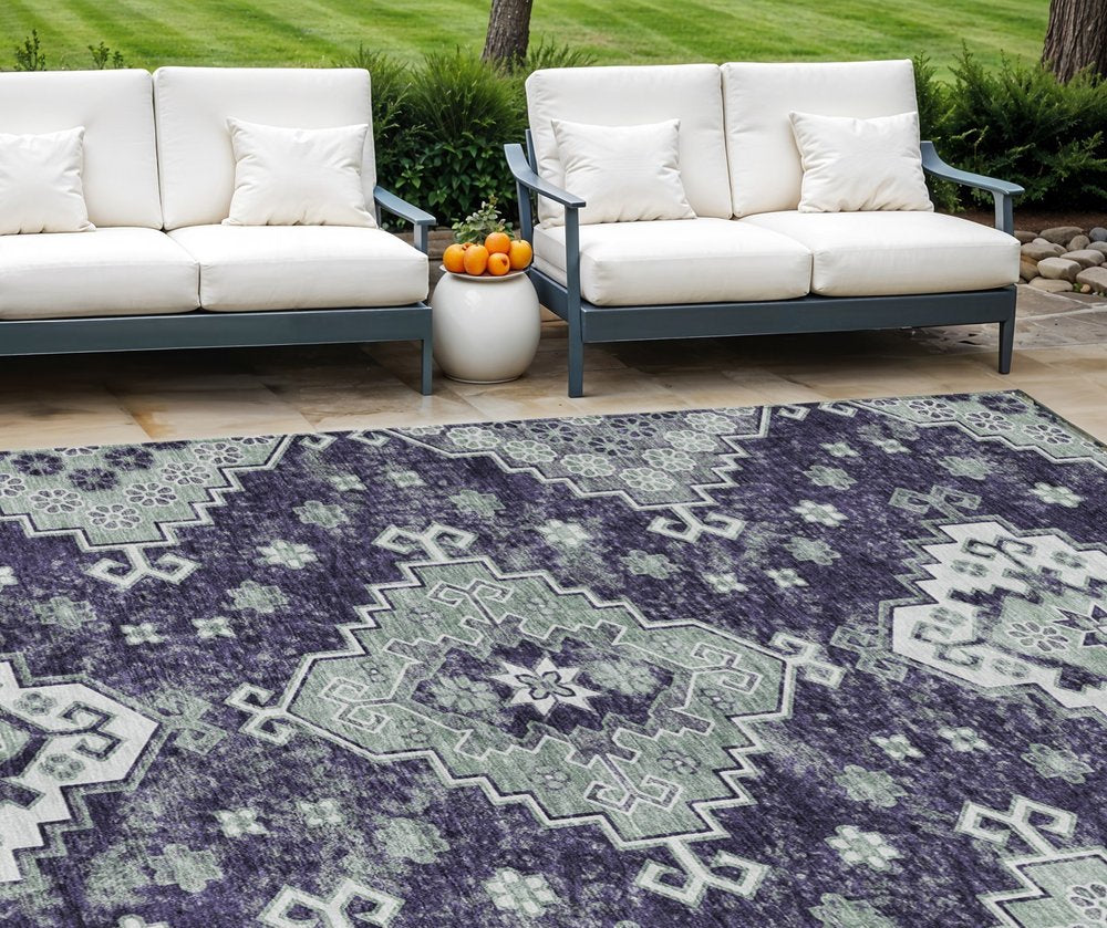 3' X 5' Purple Eggplant And Sage Medallion Washable Indoor Outdoor Area Rug