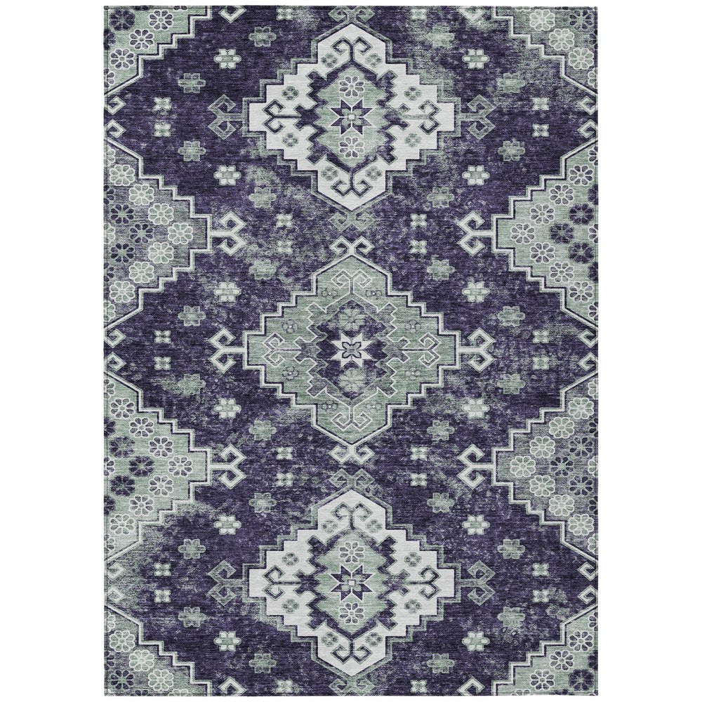 3' X 5' Purple Eggplant And Sage Medallion Washable Indoor Outdoor Area Rug