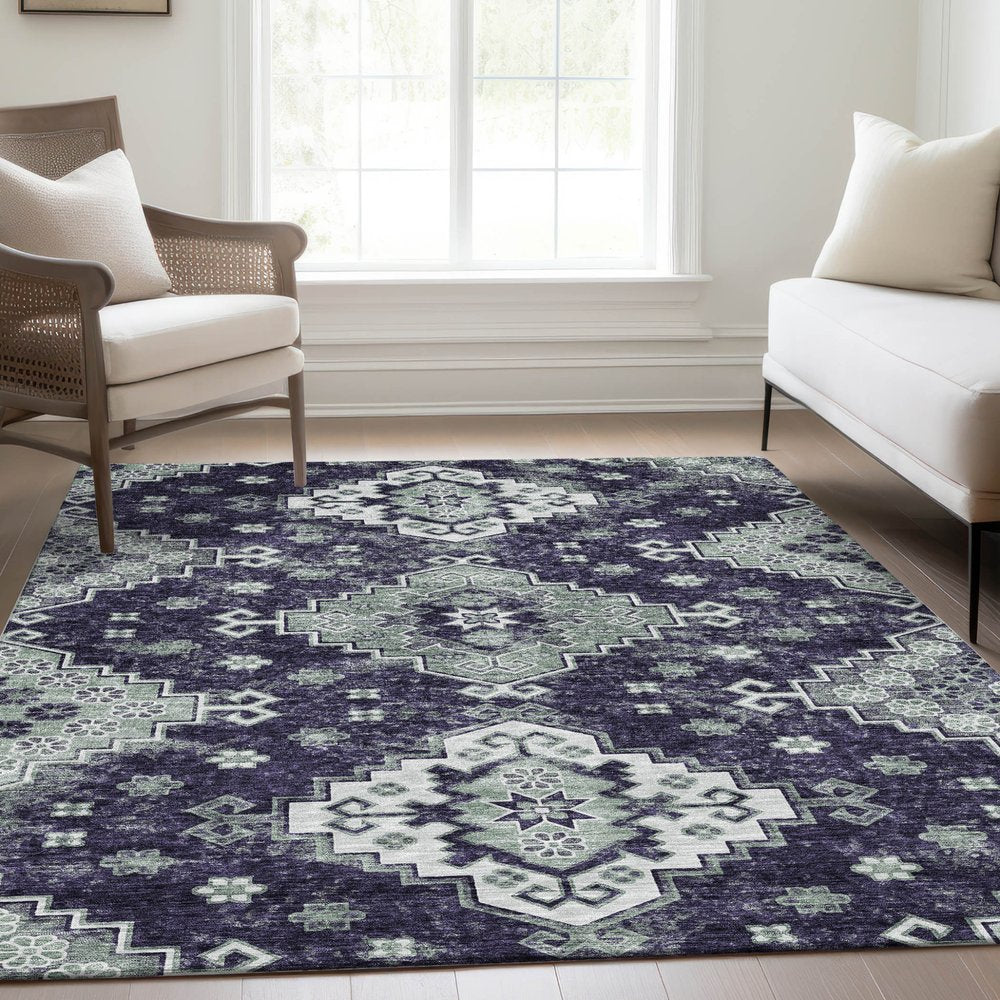 3' X 5' Purple Eggplant And Sage Medallion Washable Indoor Outdoor Area Rug